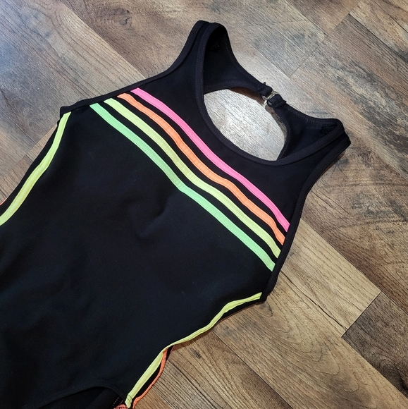 Vintage Backflips Neon Striped One Piece Swimsuit Union Made in USA Size 9/10 - Picture 2 of 8